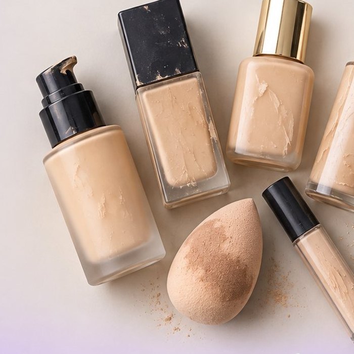 Liquid foundation bottles and a sponge