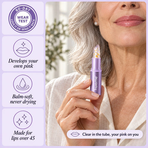 Woman holding the hueme Adaptive Lip: 60-day wear test, develops your own pink, balm-soft, made for lips over 45