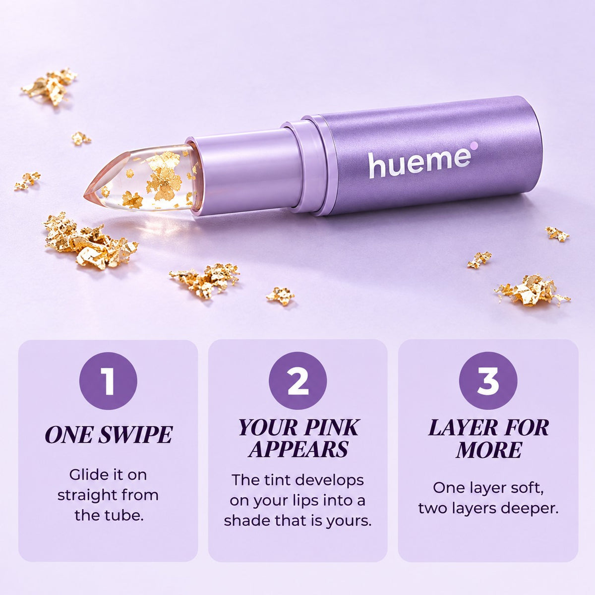 hueme Adaptive Lip with gold flakes: one swipe, your pink appears, layer for more