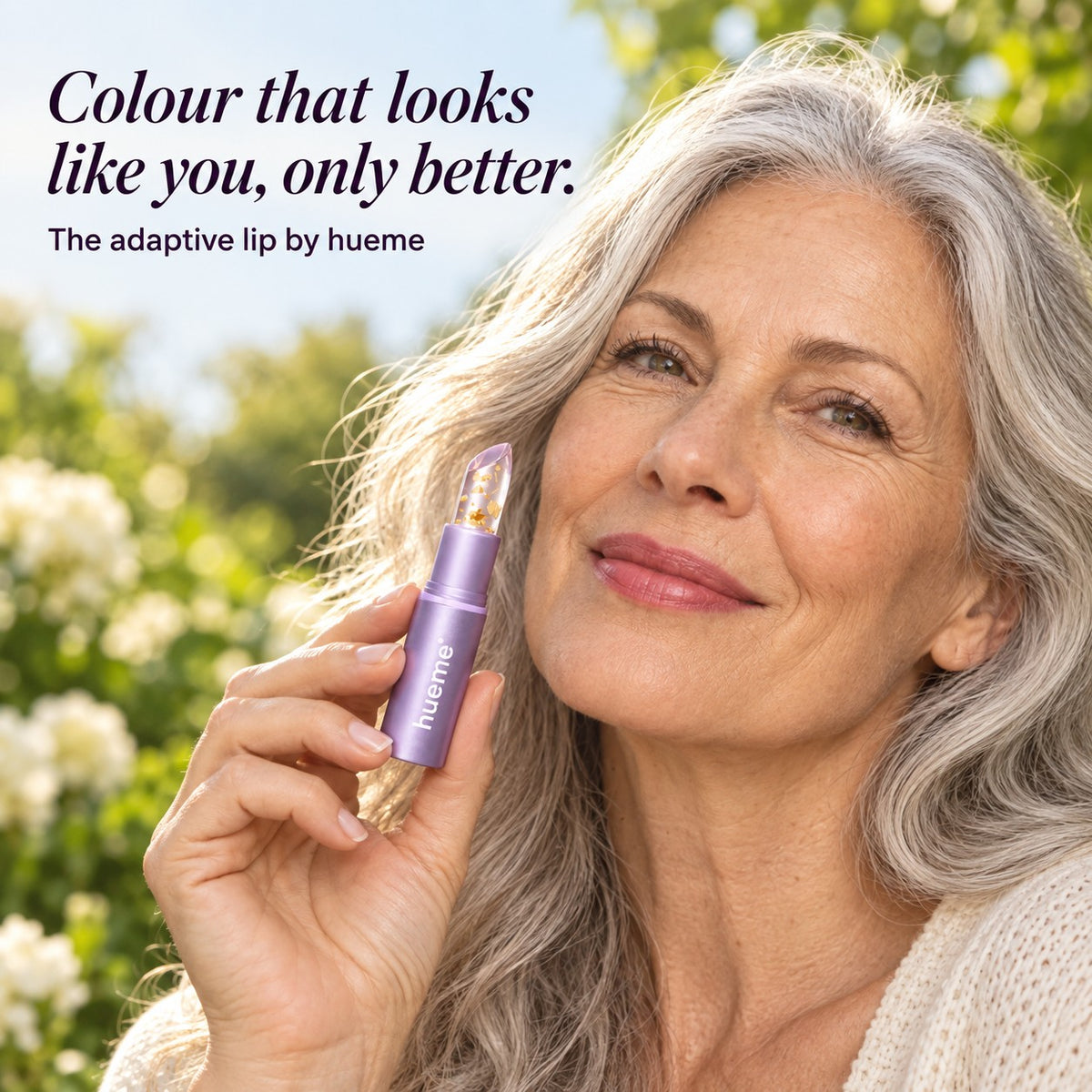 Colour that looks like you, only better: silver-haired woman with the hueme Adaptive Lip