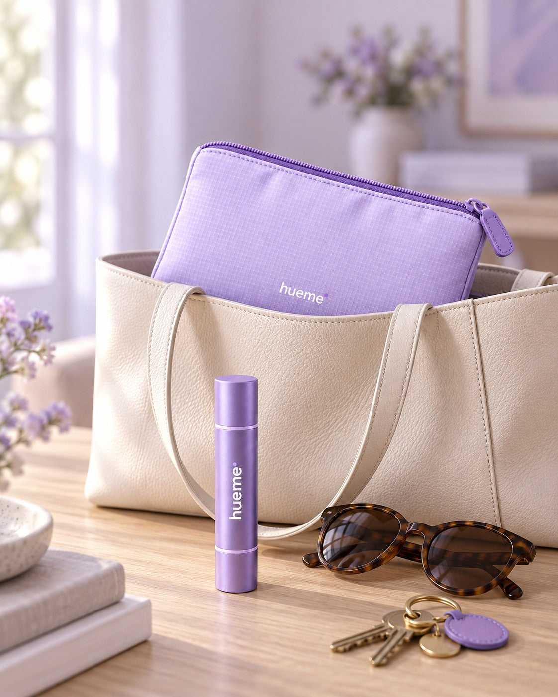 hueme travel pouch in a tote bag with a stick